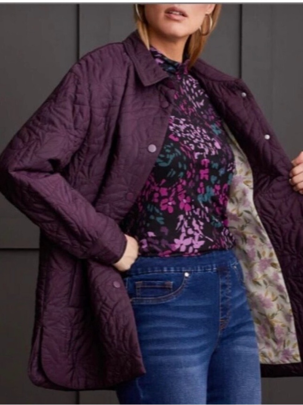Tribal Jeans Quilted Long-Sleeve Puffer Shacket - Plum, Size Large. - Picture 3 of 11